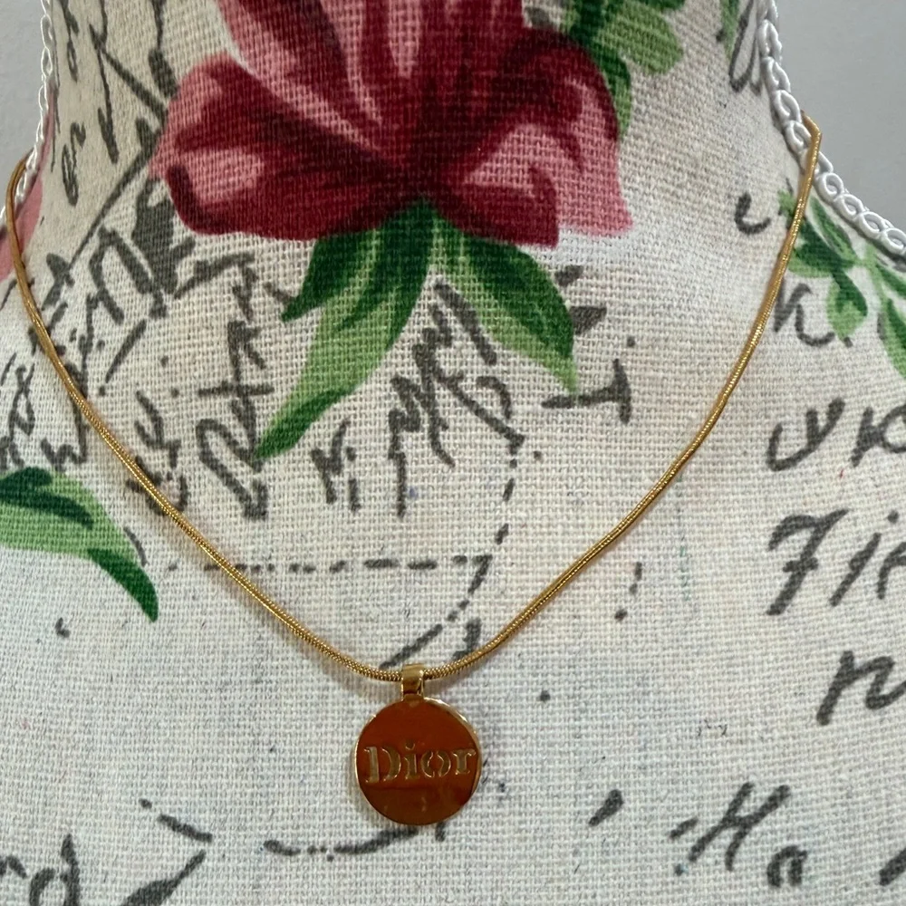 Dior Gold Tone Round Logo Pendant Necklace - Picture 4 of 7